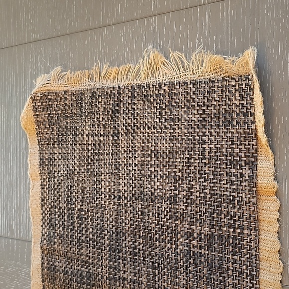 VINTAGE 2 piece Runner Tan Burlap w Fringe & Brown Weave. 72"x14" - Picture 7 of 10